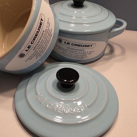 Pair Le Creuset 2 Pc Set Mini Round Cocotte Sky Blue Stoneware Pots with Lids - Picture 3 of 11